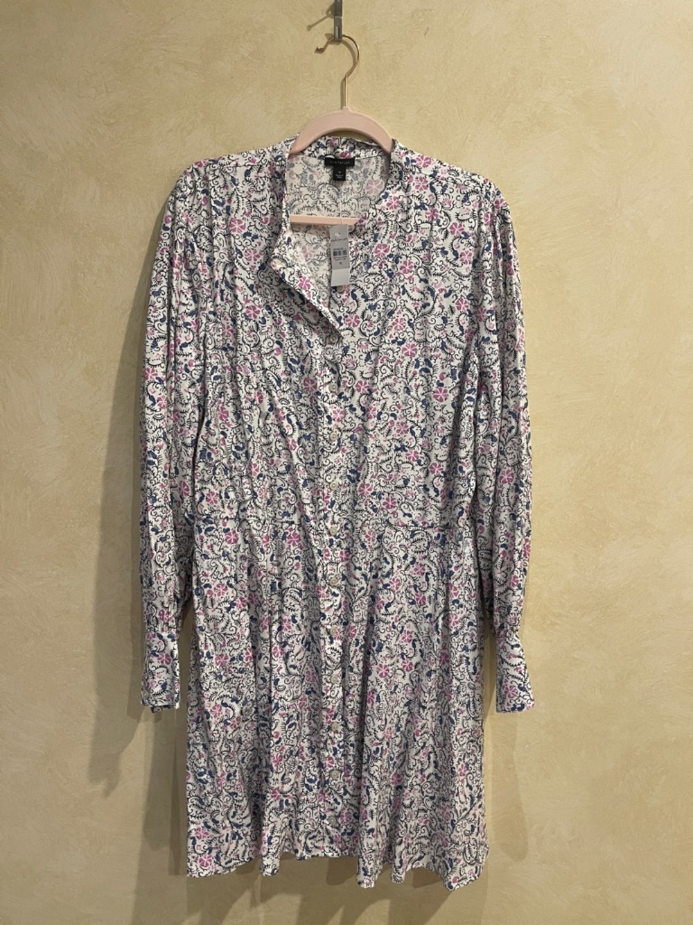 NWT Ann Taylor White Shirt Dress with Pink & Blue Paisley Print